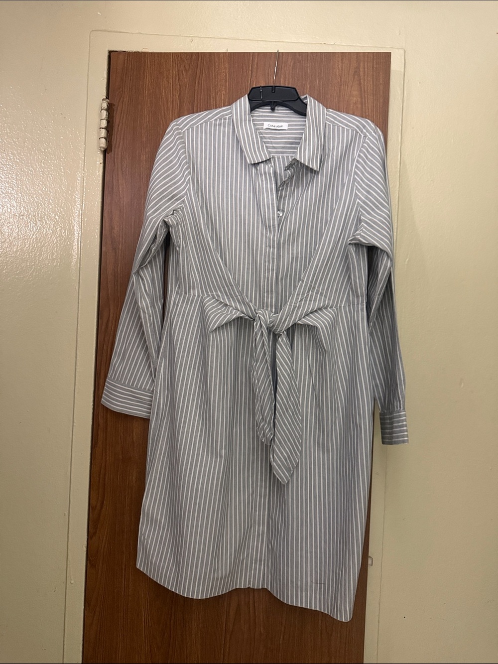 Calvin Klein Gray and White Striped Tie-Waist Long Sleeve Shirt Dress